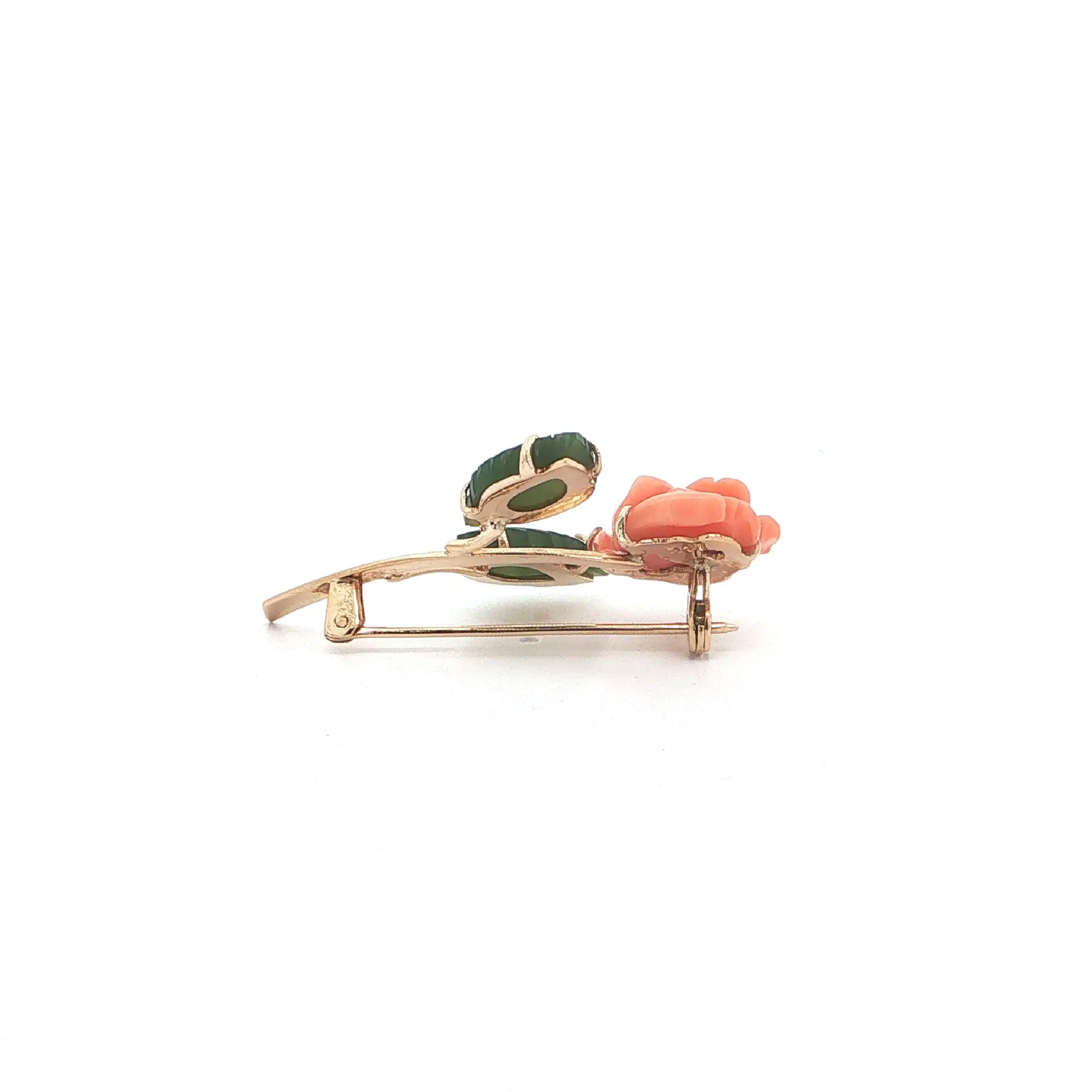 Nadel Gelbgold "Rose" mit Koralle & Nephrit-Jade Nadel Gelbgold "Rose" mit Koralle & Nephrit-Jade