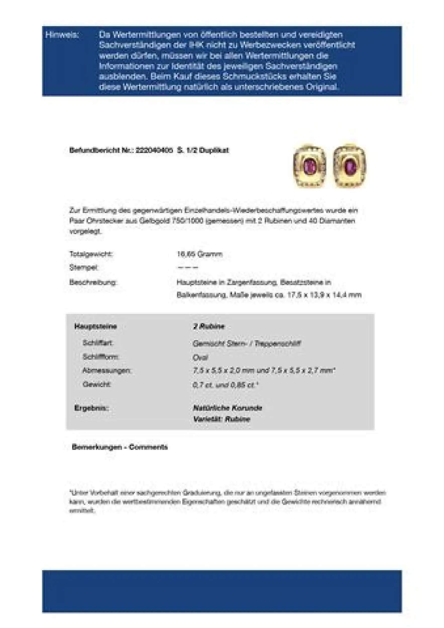 Ohrhänger Gelbgold mit Rubin,Brillanten und EPL Expertise