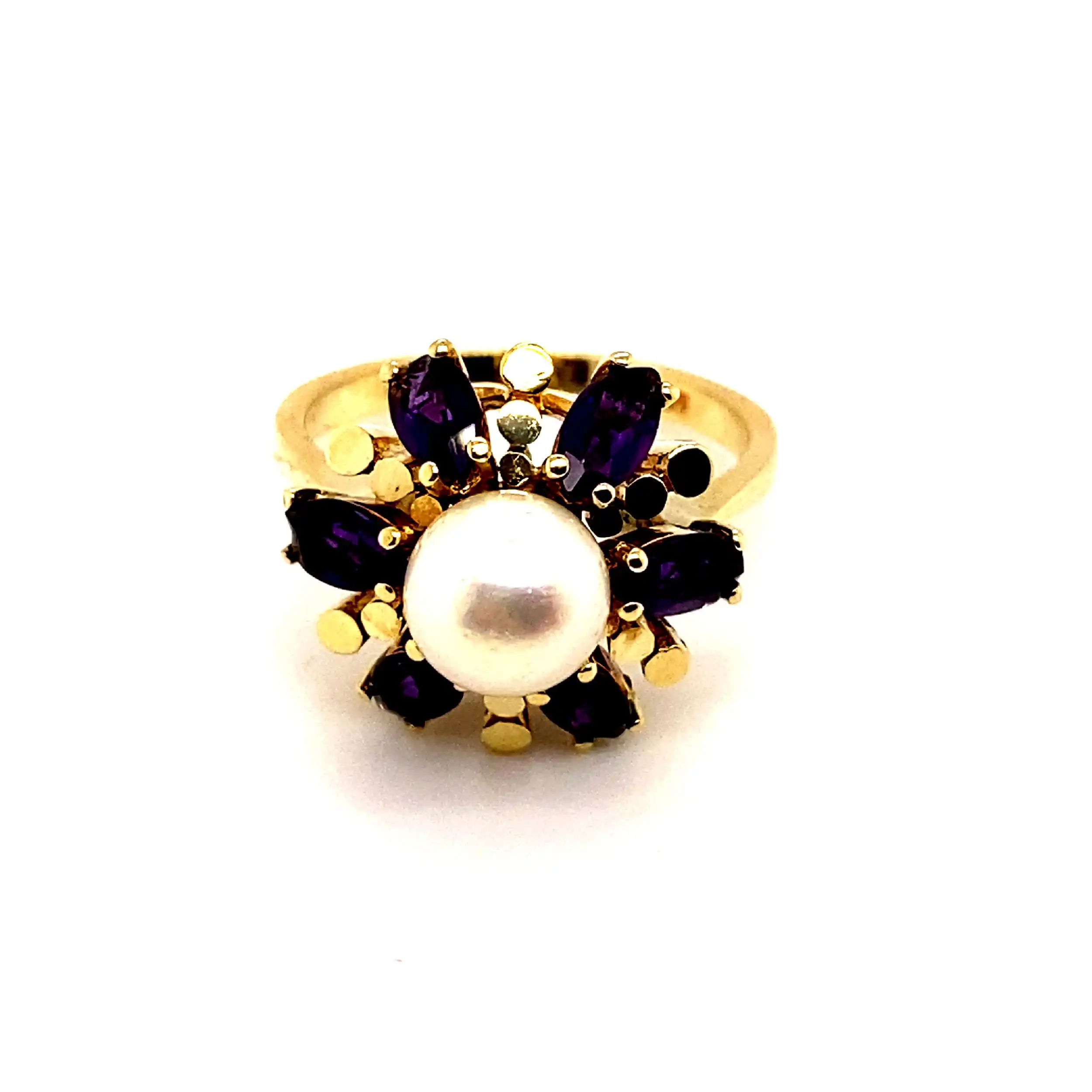 Ring Gelbgold mit Perle und lila Steinen