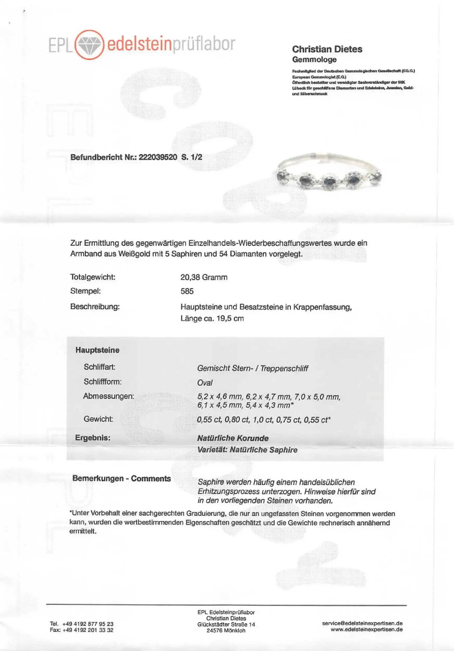 Armband Weißgold mit Saphir und Brillanten, mit EPL Expertise