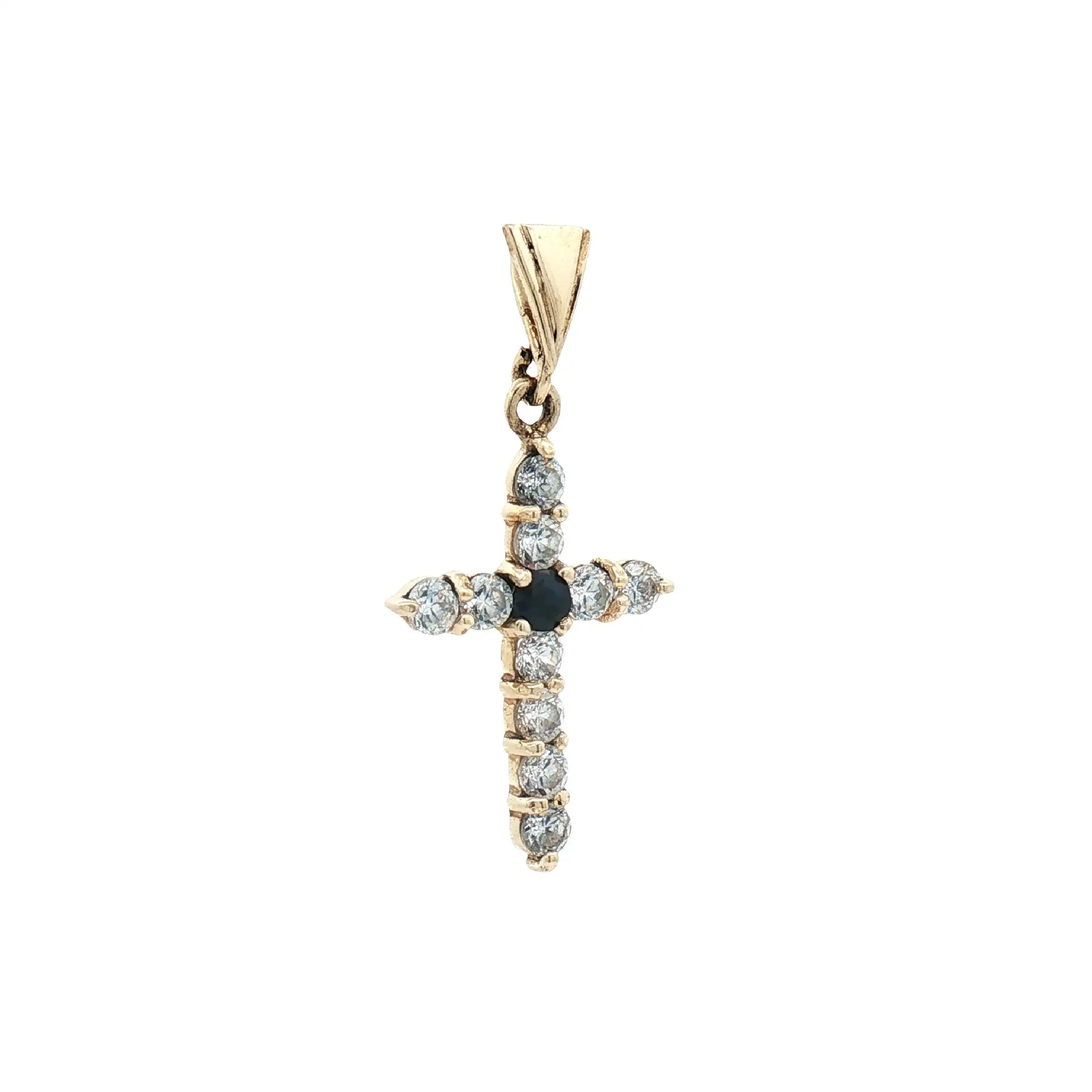 Kreuzanhänger Gelbgold mit Zirkonia und blauen Farbstein