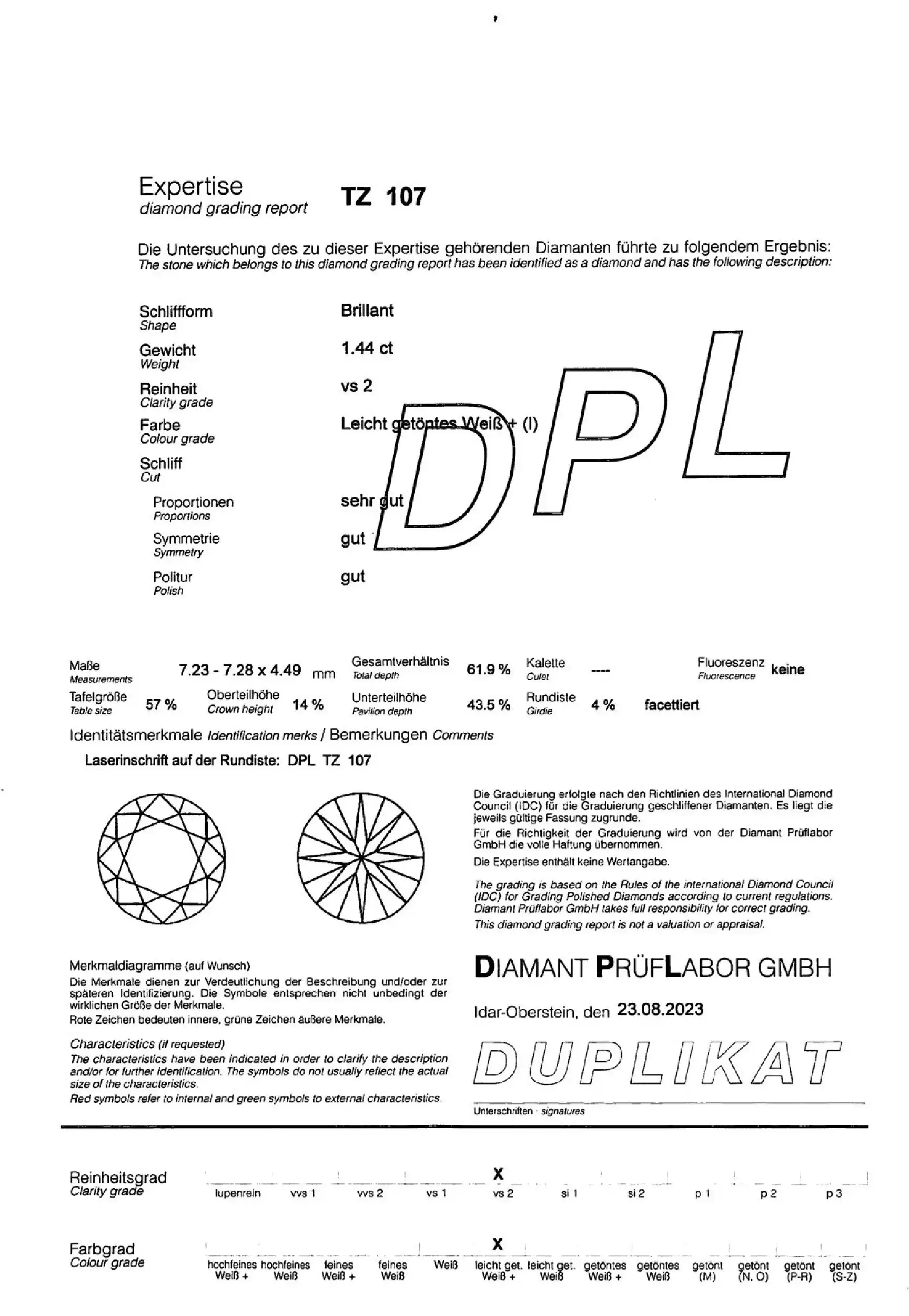Loser Brillant 1,44ct I/VS2 SG/G/G, eingeschweißt mit Expertise von DPL Loser Brillant 1,44ct I/VS2 SG/G/G, eingeschweißt mit Expertise von DPL