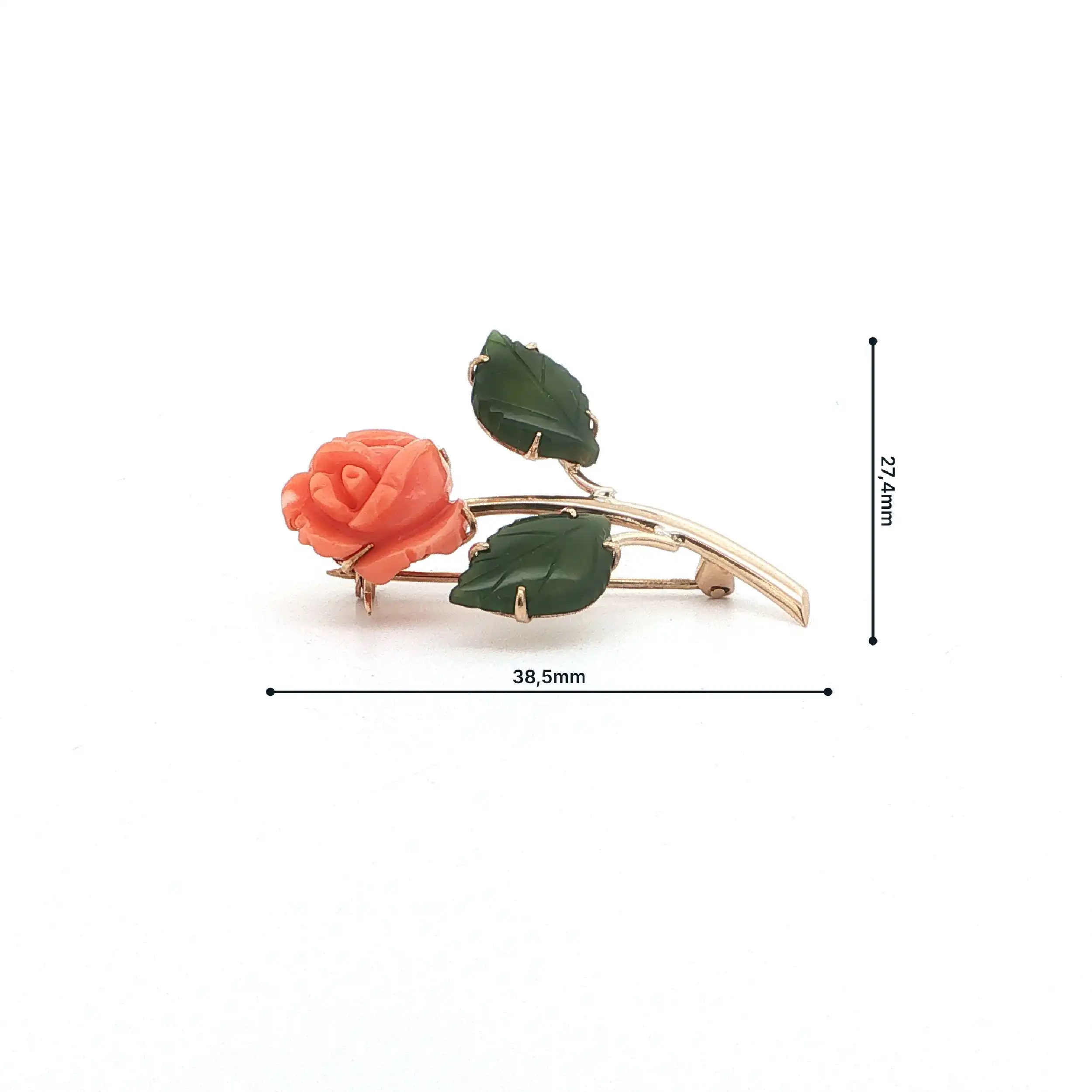 Nadel Gelbgold "Rose" mit Koralle & Nephrit-Jade Nadel Gelbgold "Rose" mit Koralle & Nephrit-Jade