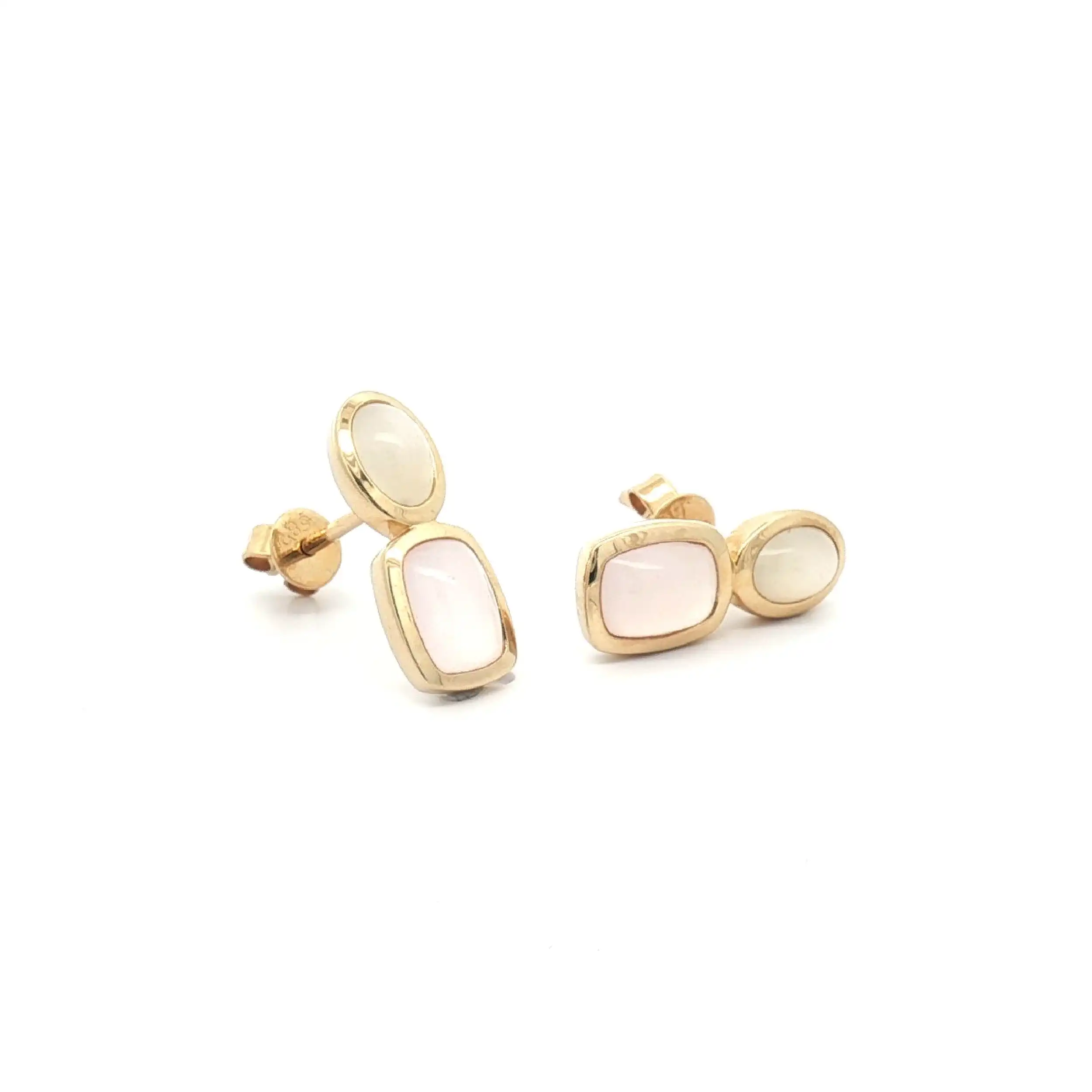 Ohrstecker Gelbgold mit Rosenquarz Cabochon und Mondstein Cabochon Ohrstecker Gelbgold mit Rosenquarz Cabochon und Mondstein Cabochon