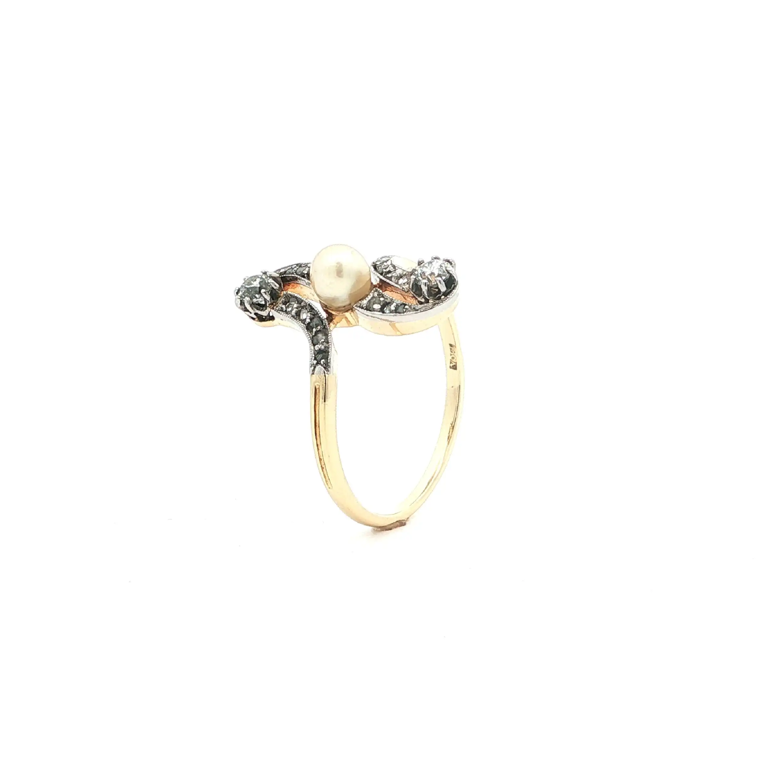 Ring Bicolor Art-Deco mit Perle & Altschliff-Brillanten & Diamantrosen Ring Bicolor Art-Deco mit Perle & Altschliff-Brillanten & Diamantrosen
