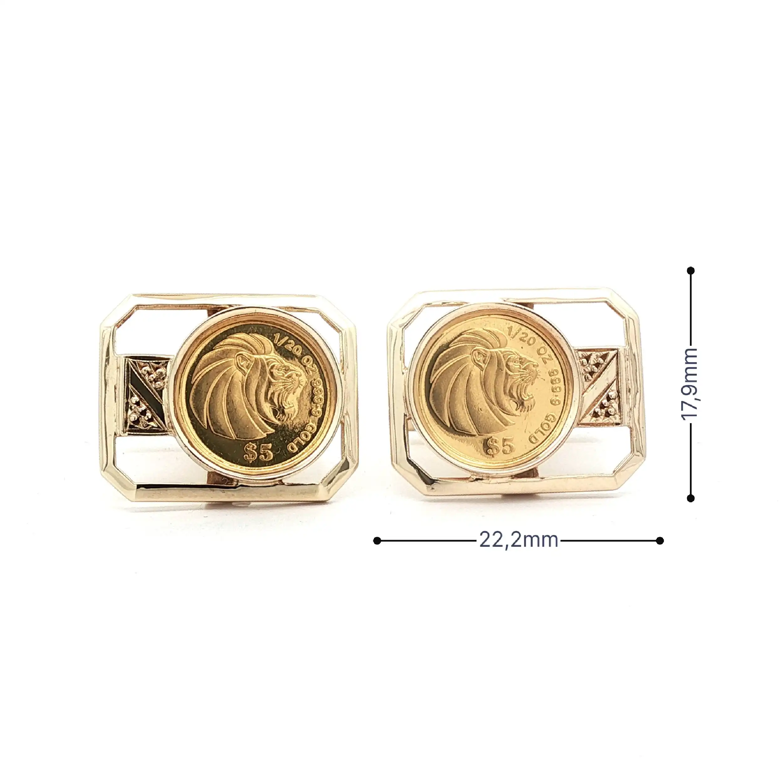 Manschettenknöpfe Gelbgold mit 1/20 oZ Goldmünze Singapore 1990 Manschettenknöpfe Gelbgold mit 1/20 oZ Goldmünze Singapore 1990