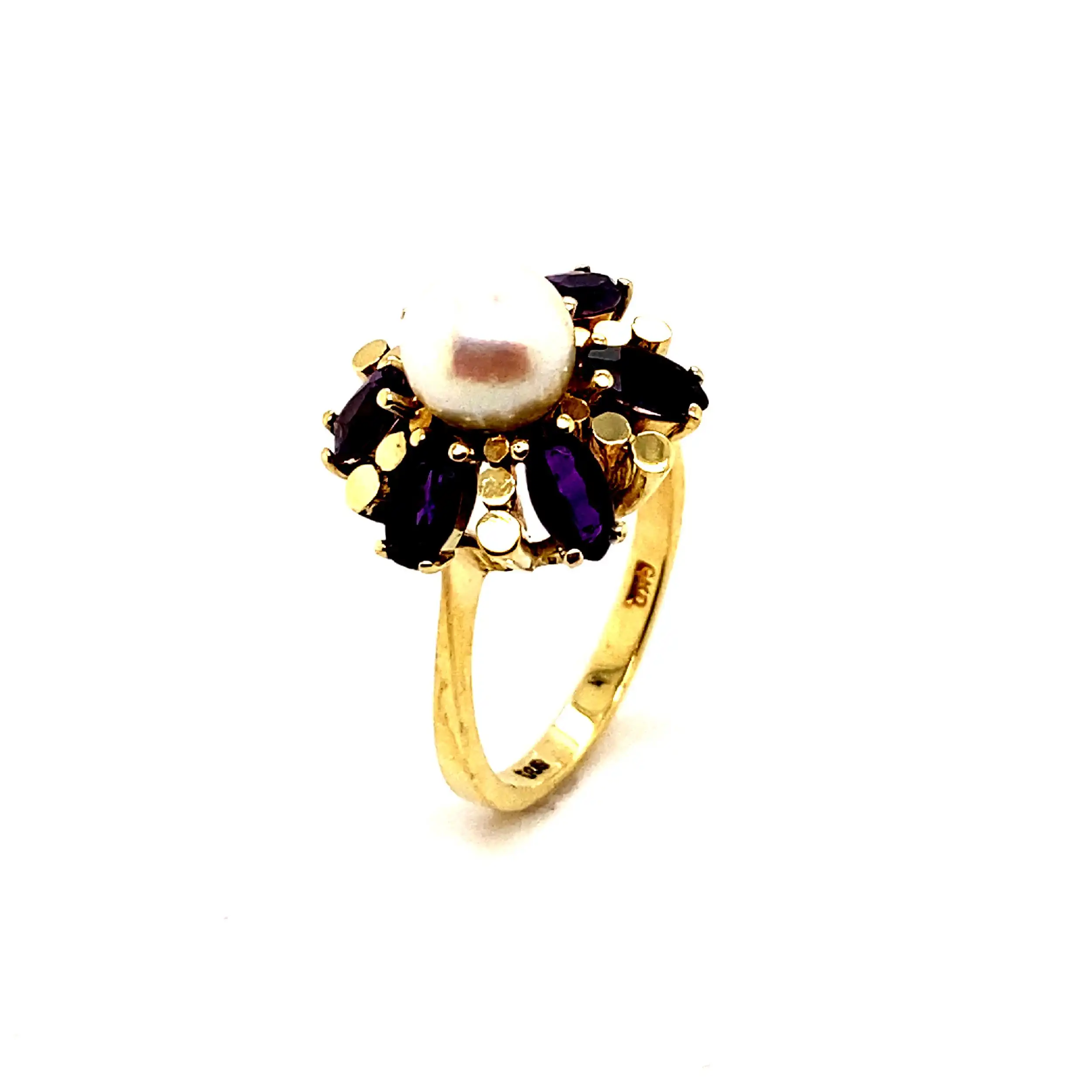 Ring Gelbgold mit Perle und lila Steinen Ring Gelbgold mit Perle und lila Steinen