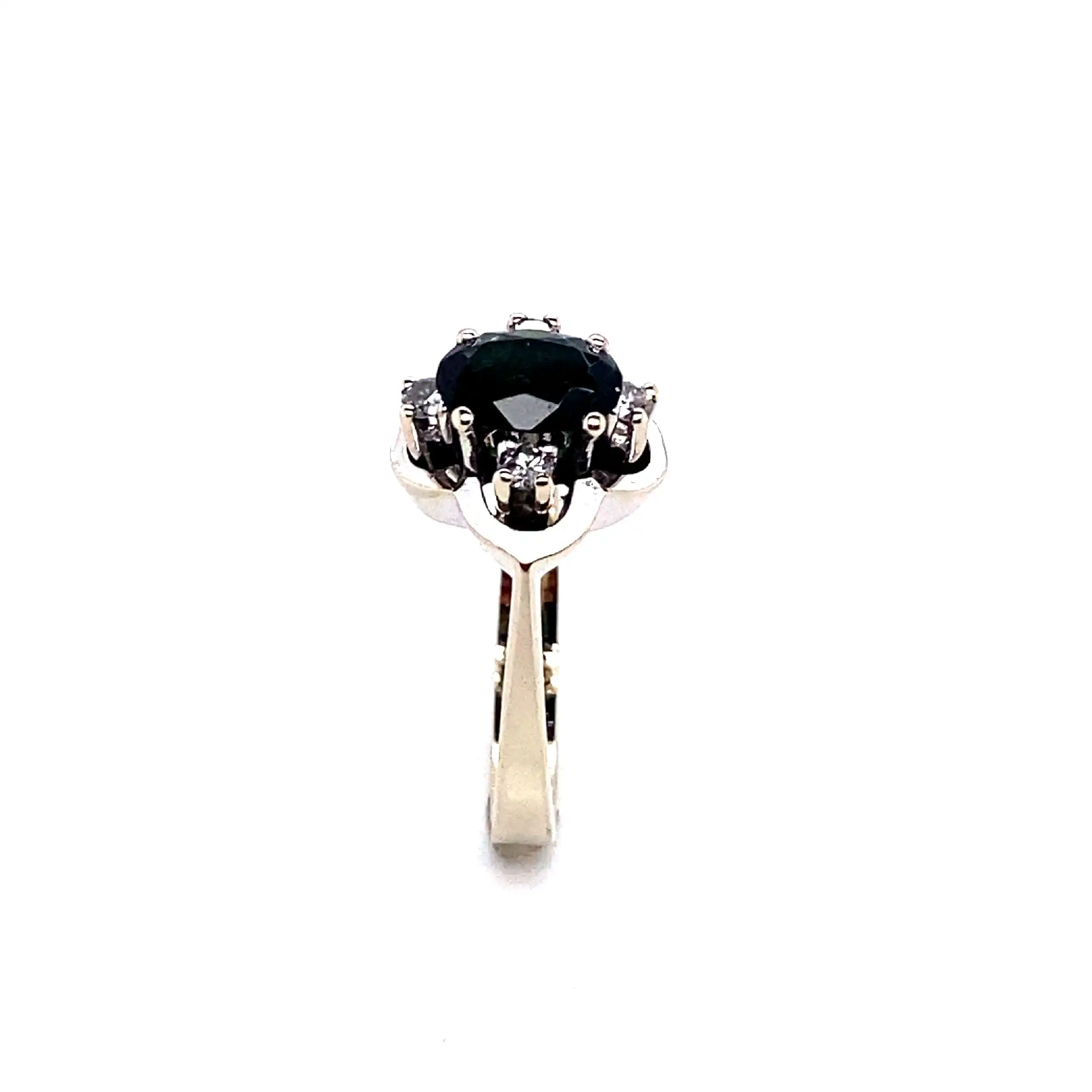 Ring Weißgold mit grünem Stein und Brillanten, graviert mit 0,16ct
