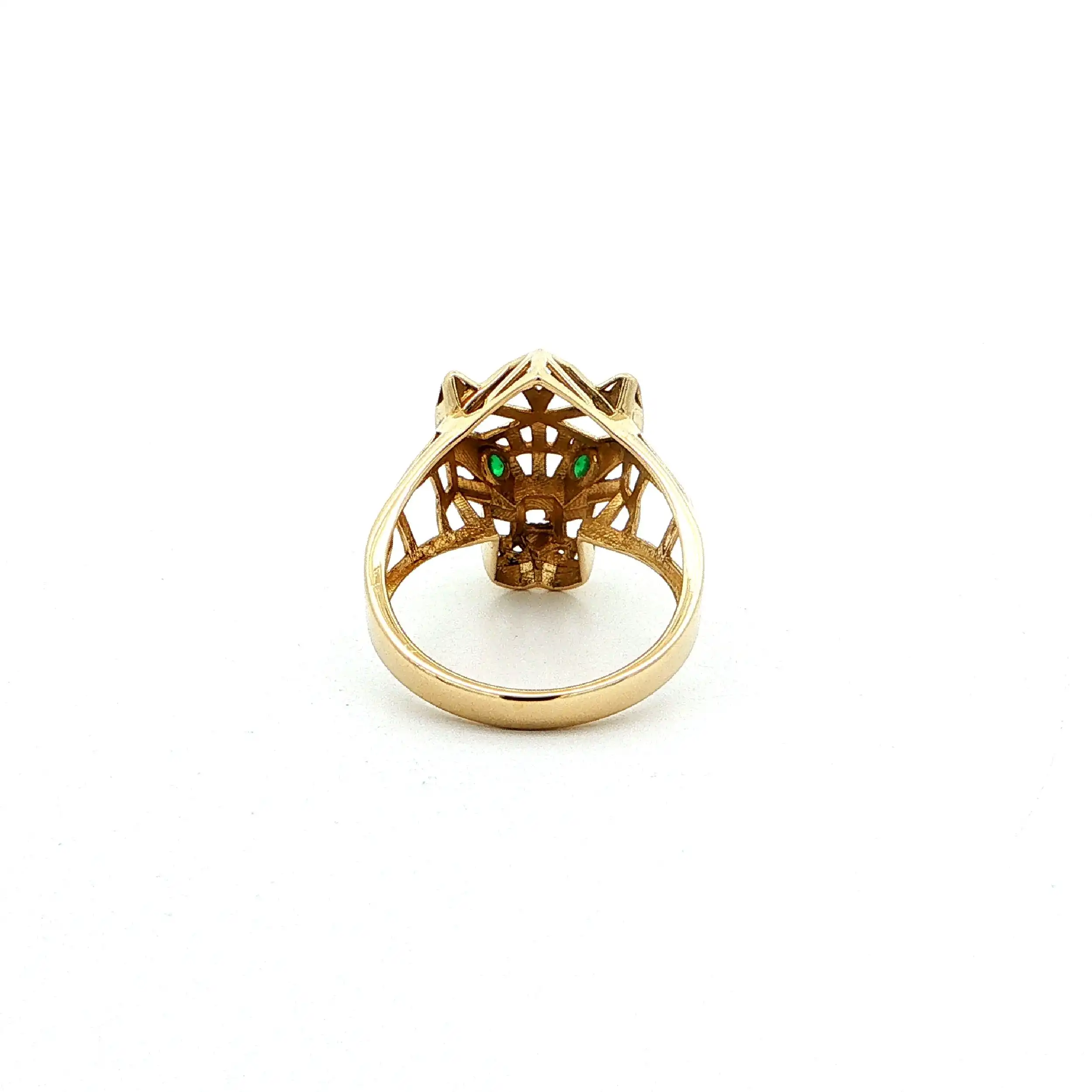 Ring Gelbgold Pantherkopf mit grünen Farbsteinen