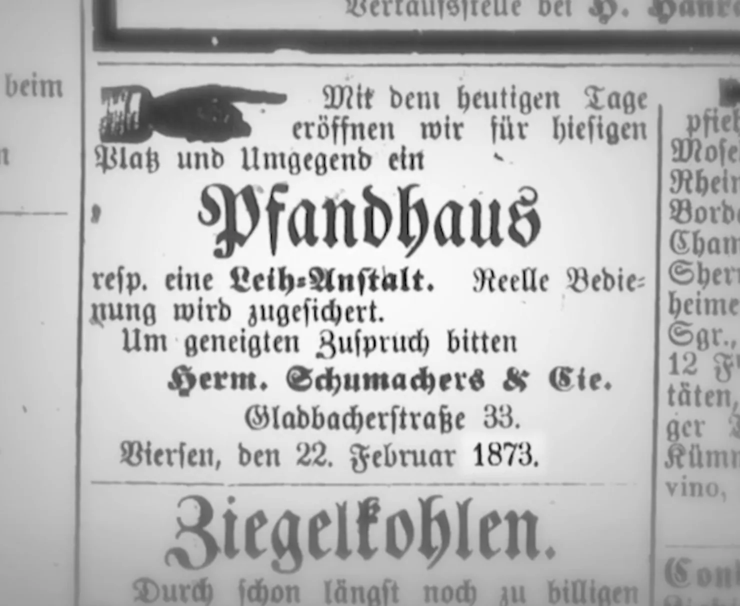 Zeitungsausschnitt Firmengründung Pfandhäuser Schumachers 1873