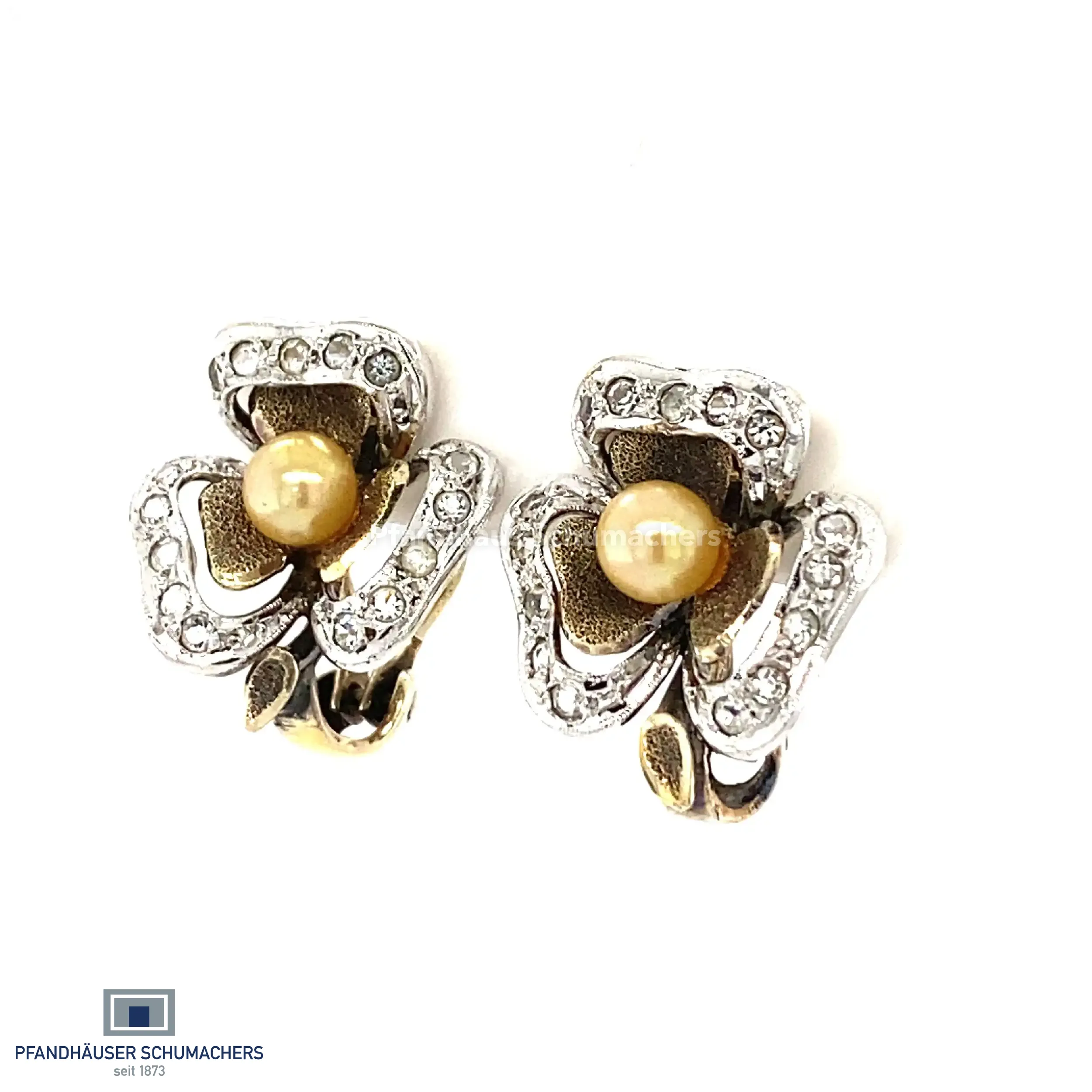 Ohrclips Art Deco Silber vergoldet mit Perle & Zirkonia